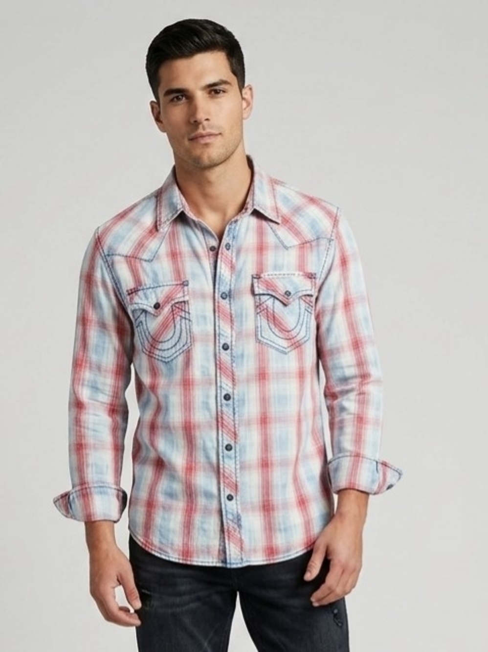 True Religion Red & Light Blue Plaid Western Button-Down Shirt XL
